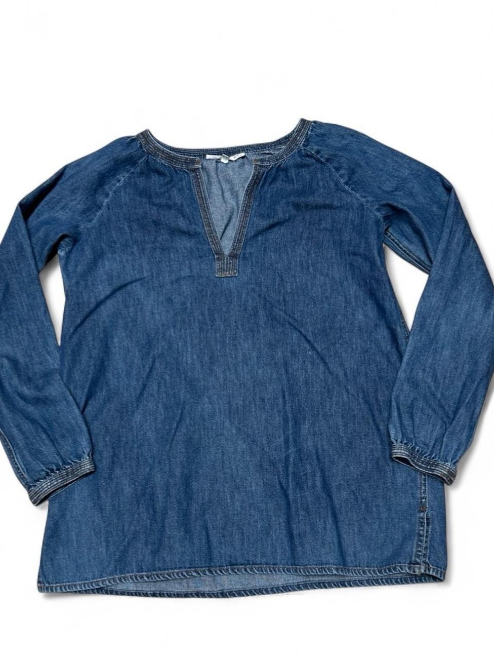 Denim V-Neck Long-Sleeve Blouse - Blue